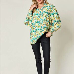 Relaxed Printed Button-Down Shirt in Teal & Yellow